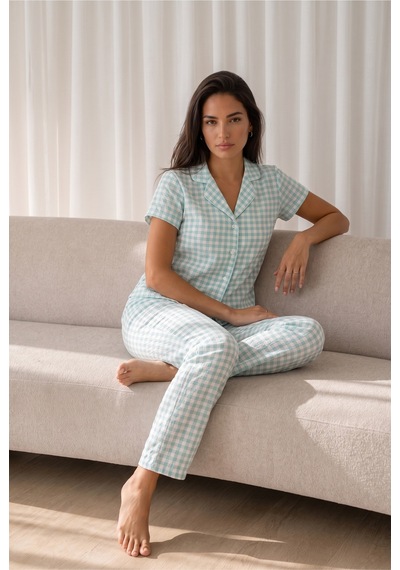 Kadın Loose Uzun Paça Pamuk Su Yeşili Pijama Takımı