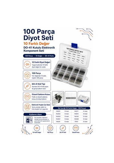 100 Parça Diyot Seti 10 Farklı Değer Do-41 Kutulu Elektronik Komponent Seti