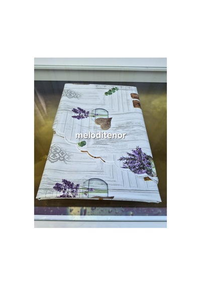 Mor Lavanta Çiçekli Yazılı Desen Yuvarlak Pvc Muşamba Masa Örtüsü Astarlı Kaymaz 140 X 140 Q Gri