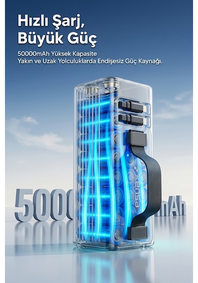 50000mah Powerbank 30w Pd 22.5w Qc Hızlı Şarj Dahili Usb-c Lightning Kablolu Led Fenerli Taşınabilir Şarj Cihazı