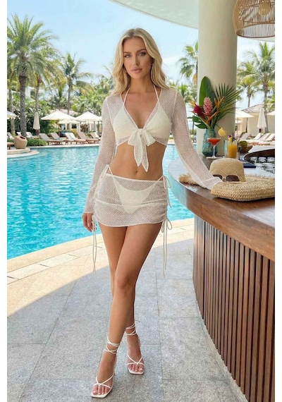 Angelsin Bağlamalı Alt Üst Pareo Üçgen 4'lü Brezilya Bikini Takım Set Çıkartılabilir Kaplı Beyaz
