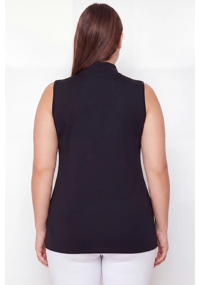Terrien Özel Üretim Tekstil Stilli Temel Kadın Büyük Beden Balıkçı Yaka Kolsuz Body Siyah 2'li Paket Siyah-2