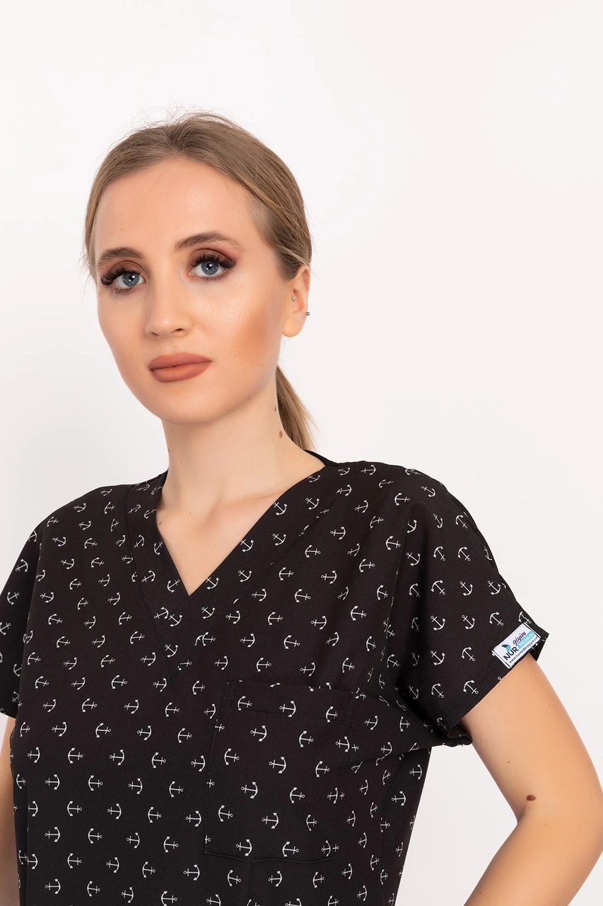 Unisex Siyah Çapa Desenli Doktor Hemşire Hastane Aşçı Scrubs Üniforma Takımı Siyah