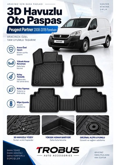 Peugeot Partner Panelvan 2008 Karbon Desenli Premium 3d Havuzlu Oto Paspas 2 Parça Ön Takım