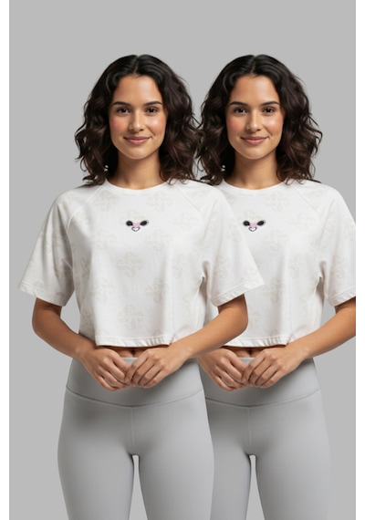 Soft&Basic Kadın 2'li Nakışlı %100 Organik Pamuk Bisiklet Yaka Kısa Crop T-shirt Beyaz-beyaz