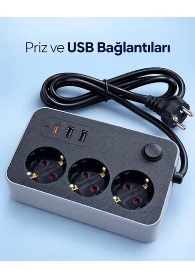 Elektrik Ve Şarj Bağlantılarını Bir Arada Sunan Usb Ve Type C Çıkışlı Akım Korumalı Priz 1