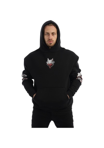 Polostate Erkek Kitsune Anime Girl Baskılı 3 İplik Kapüşonlu Sweat Siyah