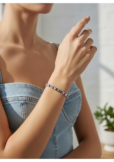 Valmont Accessories Kadın Silver Renk Renkli Taşlı Geometrik Bileklik Gümüş