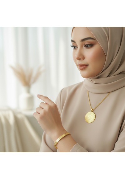 Allahlı Ayetel Kürsi Kolye Ve Ayetel Kürsi Bileklik Seti Gold Çelik İslami Takı Altın