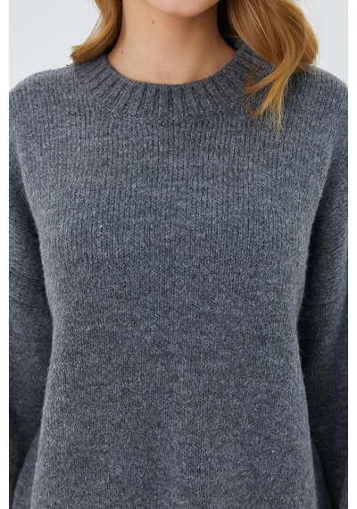Hiccup Mixray Yuvarlak Yakalı Oversize Örgü Kazak Koyu Gri