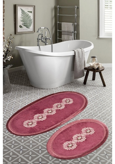 Eyfel Saçakli Banyo Takımı 2 Pcs Açik Kahve Fuşya