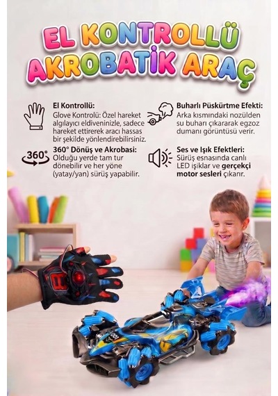 El Kontrollü Işıklı Sesli Şarjlı 13 Fonksiyonlu 360 Dönen Duman Atan 2.4ghz Akrobatik Oyuncak Araba Mavi
