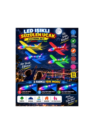 4 Lü Led Işıklı Köpük Uçak Seti Sarı, Kırmızı, Mavi & Yeşil Hafif Dayanıklı Fırlatma Uçağı Açık Hava Oyuncağı - 922589726