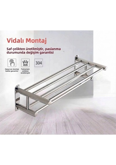 Raflı Havluluk Çift Katlı Model 60 Cm Ss304 Paslanmaz Çelik Renk Parlak Krom