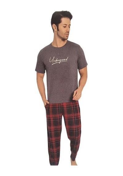 Estiva Patlı Ekose Pamuklu Kısa Kol Kareli Erkek Pijama Takım 001