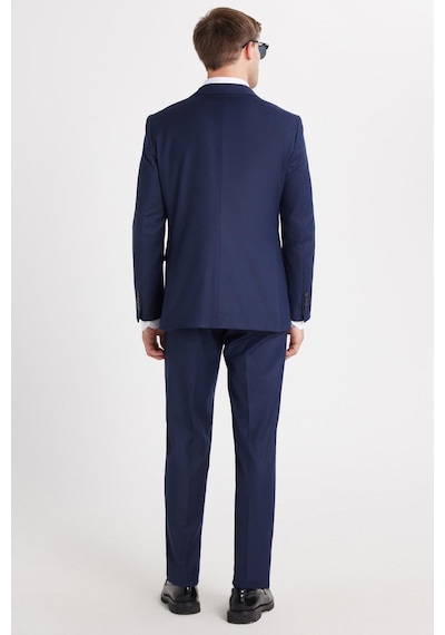 Tudors Erkek Slim Fit Lacivert Esnek Likralı Kumaş Sivri Yaka Yelekli Takım Elbise-33908 Lacivert