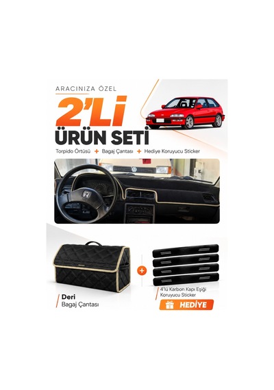 Honda Cıvıc Ef 1988-1991 Uyumlu Torpido Örtüsü + Deri Bagaj Çantası + Sticker Seti - Siyah Bej