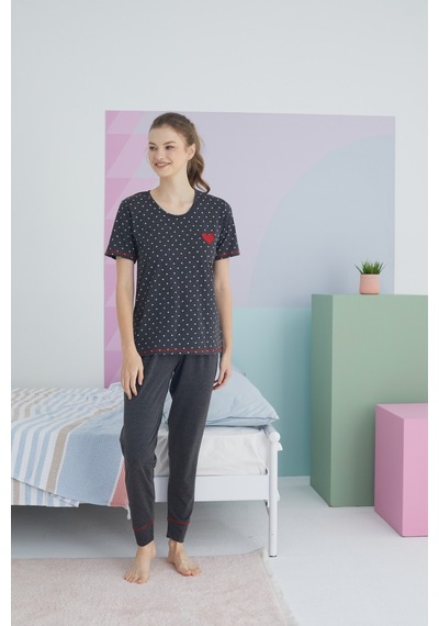 Siyah İnci Pamuklu Örme Pijama Takım 24113105 Antrasit
