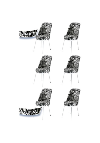 Canisa Dexa Serisi, Üst Kalite Mutfak Sandalyesi, 6 Adet Zebra Desen Sandalye, Metal Beyaz Iskeletli Sandalye Zebra Desen Ayaklar Beyaz