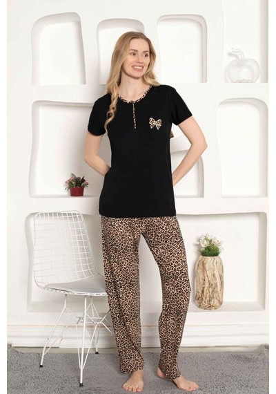 Monox Kadın Leopar Baskı Kısa Kol Uzun Alt Pijama Takımı Siyah
