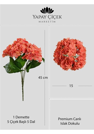 Turuncu Yapay Ortanca Çiçeği 5 Dallı Premium Canlı Islak Dokulu 42 Cm