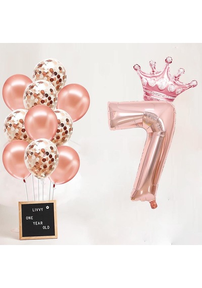7 Rakam Rose Gold Folyo Balon, Kral Tacı Ve Konfetili Rose Gold Balon