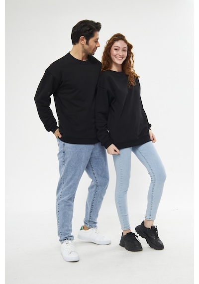 Unisex Siyah Oversize Basic Sweatshirt Çift Kombini Tavsiyesi Siyah