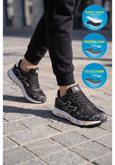 Mc Jamper Siyah-beyaz Bağcıklı Rahat Memory Foam Taban Erkek Yürüyüş Ve Spor Ayakkabı Sneaker 2444 Cilt Siyah - Beyaz