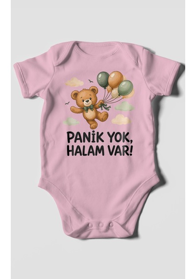 Morivokids Panik Yok, Halam Var Kısa Kollu Bebek Body %100 Pamuk Koyu Pembe