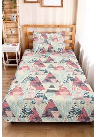 Geometrik Pembe Genç Odası Tek Kişilik Pike Takımı - Tropikal Mint 160x220 Cm Kapitone Yatak Örtüsü Gizli Kireç Masalı