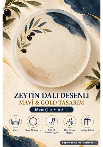 6'lı Cam Tatlı Tabağı - Zeytin Dalı Desenli Mavi Gold 16 Cm - 6 Adet Pasta Tabak
