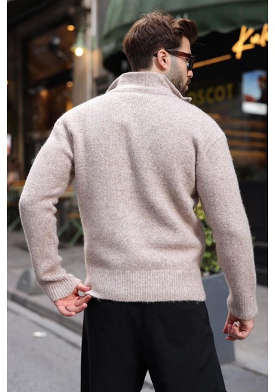 Madmext Taş Rengi Dik Yaka Çift Fermuarlı Erkek Triko Hırka E7528