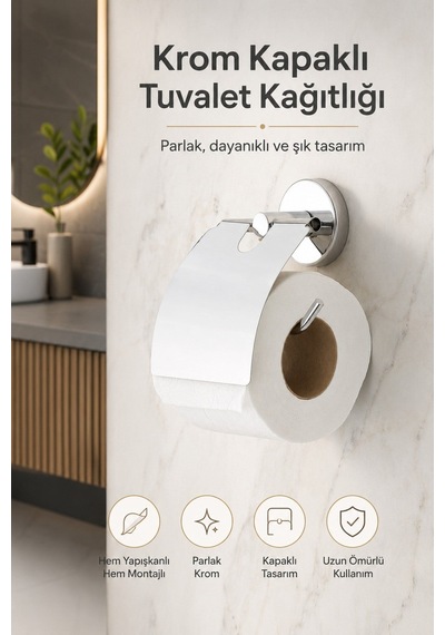 Alper Banyo Ceria Krom Kapaklı Tuvalet Kağıdı Askısı | Tuvalet Kağıtlığı | Hem Yapışkanlı Hem Vidalı Montaj