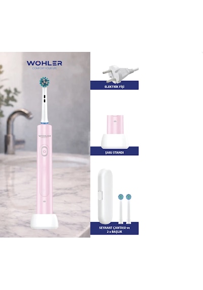 Wohler Değiştirilebilir Başlıklı Şarj Edilebilir Elektrikli Diş Fırçası - Pembe Şarjlı