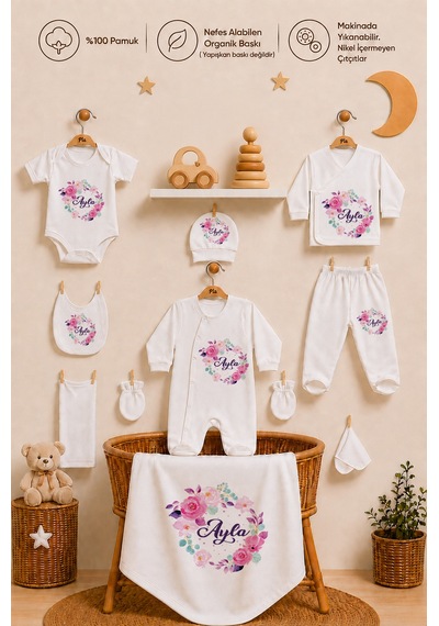 Pia Baby Kişiye Özel Kız Bebek Hastane Çıkışı 10 Parça %100 Pamuk Organik Baskılı Set 2020100x Ekru