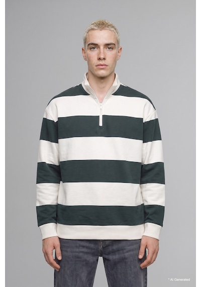 Defacto Boxy Fit Dik Yaka Yarım Fermuarlı Çizgili Sweatshirt C7045ax26augn498 Yeşil-gn498