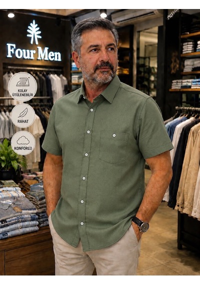 Eren Style Linen Keten Klasik %100 Cotton Kısa Kollu Terletmeyen Gömlek Haki