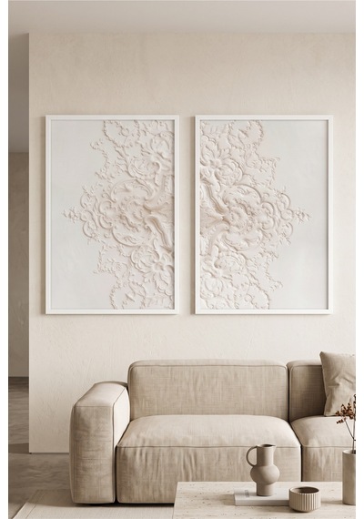 Beyaz Ahşap Çerçeveli Klasik Kabartma Desenli Bej Modern Duvar Tablosu 2 Li Set Beyaz