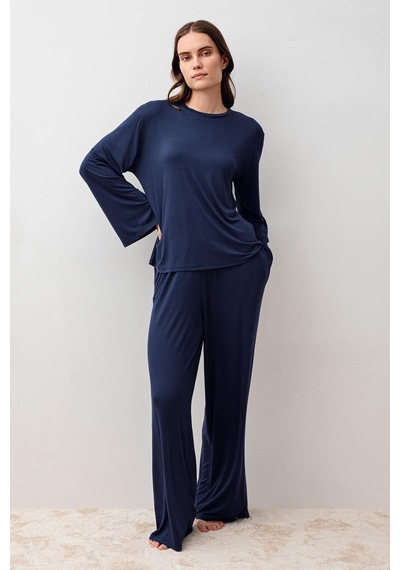 Uzun Kollu Oversize Basic Likralı Viskoz Alt Üst Takım 20210 Lacivert