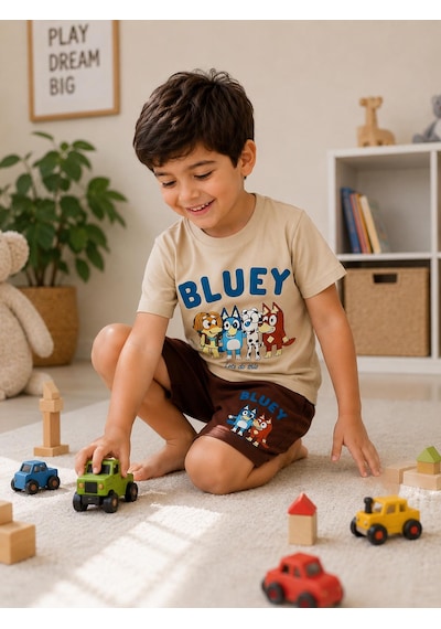 Durukoza Bluey Çocuk Şortlu Takım %100 Pamuk Yazlık Baskılı 2'li Takım 3-10 Yaş Açık Kahve