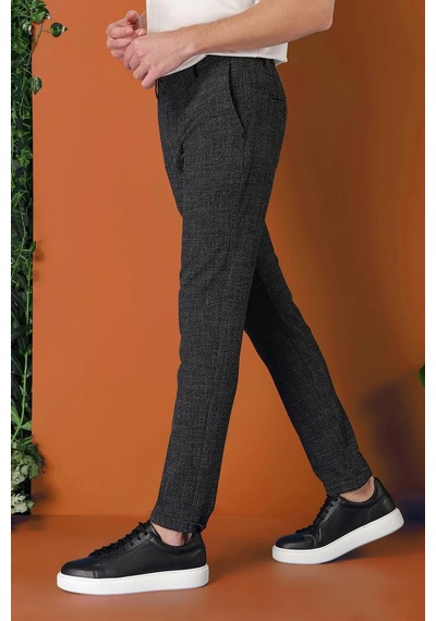 Efor Comfort Fit Beli Lastikli Pötikareli Casual Siyah Pantolon P 1149 Siyah