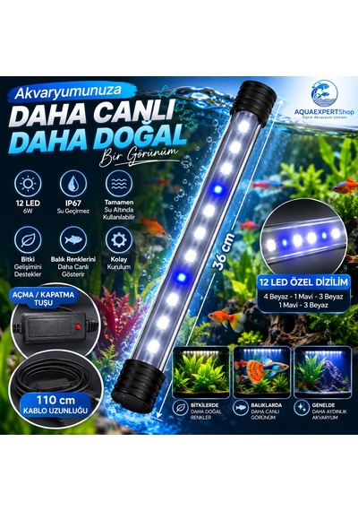 Akvaryum Işığı - Balık Işığı - 36 Cm - 12 Led - Mavi Beyaz - Açma Kapatma Tuşlu - 6w - Güçlü Işık