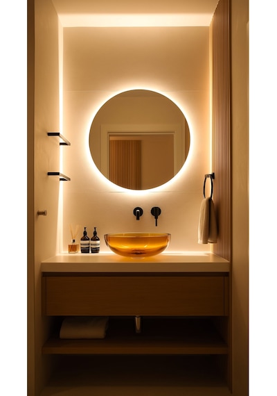 Digital Hayat Gün Işığı Led Işıklı Yuvarlak Ayna Dekoratif Banyo Makyaj Aynası Naturel