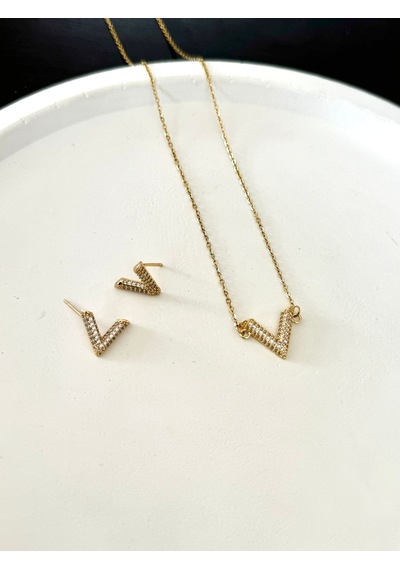 Kadın Vip Seri Kolye Küpe Set V Model Zirkon Taş Set Altın