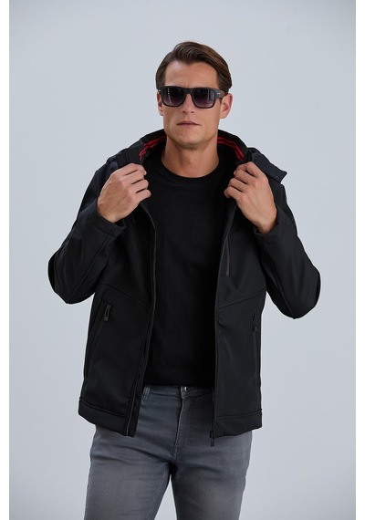Pique Erkek Siyah Mont Kapüşonlu Erkek Softshell Mont