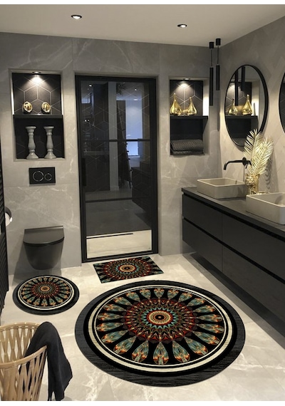 Montana, Kaymaz, Organik Pamuk Taban Yuvarlak Banyo Halısı-100X100 - 60X60 - 40X60 Cm (3'Lü Set) Çok Renkli
