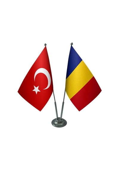 Masa Üstü Romanya Bayrağı Türk Bayrağı İkili Krom Direk Masa Bayr