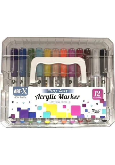 Art-x Pro-art Fırça Uçlu Akrilik Marker 12 Renk Kristal Kutu Çok Renkli