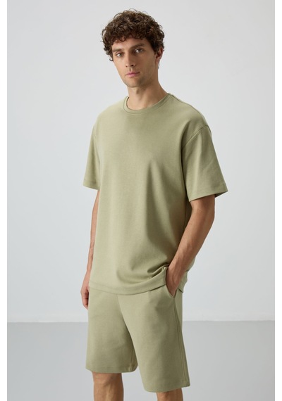 Tommy Life Açık Çağla Pamuklu Kalın Yumuşak Dokulu Oversize Fit Basic Erkek Şort Takım - 85249 Yeşil