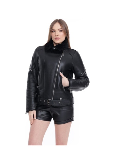 M M Marki Marki Kadın Siyah Hakiki Deri Ceket, Kruvaze Yaka, Kemerli Biker Model, Içi Kürklü - 109422